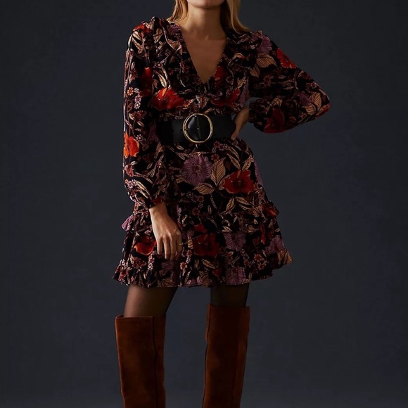 PILCRO TIERED CORDUROY RUFFLED FLORAL BOHO MINI DRESS medium BLACK long sleeve - Picture 4 of 15